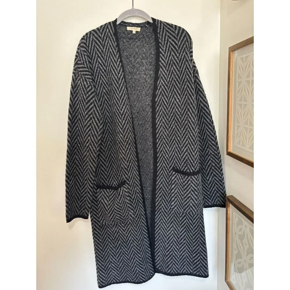 Mystree Herringbone Duster Cardigan Wool Blend Dark Academia Coat M Quiet Luxury